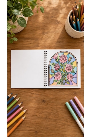 Stained Glass Vitray Flower Garden 20x20 Cm Büyük Boyama Kitabı, Çocuklar Ve Yetişkinler İçin