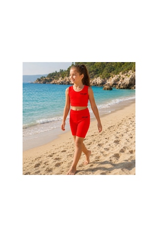 Rony Pony Kids Kız Çocuk Neon Kırmızı Crop Üst Ve Uzun Şortlu Mayo Takımı - 2 Parça