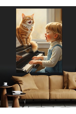 Ahşap Tablo Kedi Ve Kız Piyano Başında Dekoratif Tablolar