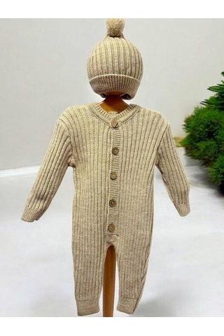 Bebek Örgü Fitilli Bereli Kışlık Tulum-15298 Bej
