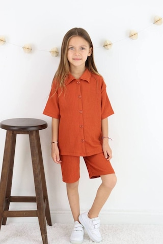 Gömlek Oversize Kız Şort Takım Kremit