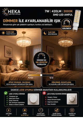 6 Adet Heka 7w Günışığı 3000k G9 Duylu Dim Edilebilir Led Kapsül Ampul