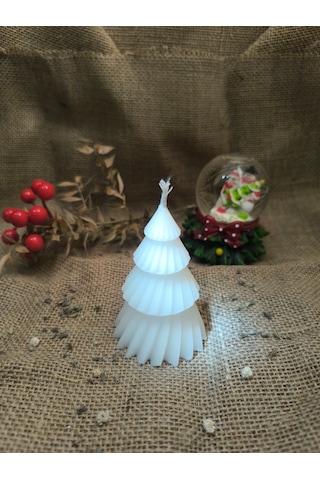 Çam Ağacı Desenli Yılbaşı Konseptli Dekoratif Mum, Tek Renk Beyaz