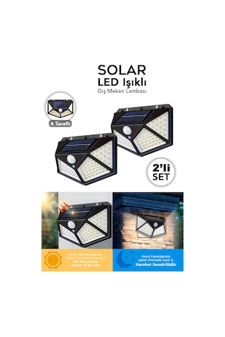 2 Adet Güneş Enerjili Duvar Lambası - Solar 100 Led Işık 3 Modlu Hareket Sensörlü Bahçe Aydınlatma Siyah