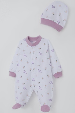 Breeze Kız Bebek Patikli Tulum Çiçek & Yazı Desenli 0-6 Ay, Beyaz