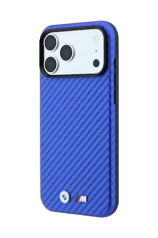 Apple iPhone Uyumlu 18 Pro Max Kılıf Bmw Lisanslı M-safeli Karbon Fiber Ve Metal Logolu Pu Deri Kapak Mavi