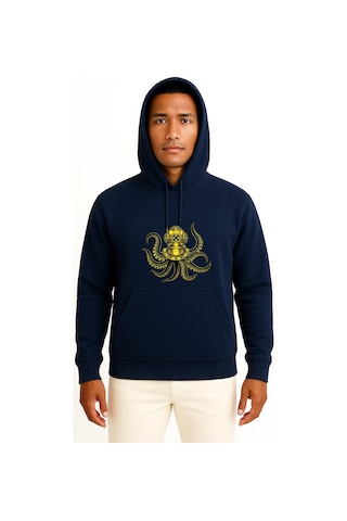 Bahriyeli Collection Kapüşonlu Steampunk Octopus Dalgıç Başlığı Göğüs Ve Sırt Baskılı Unisex Sweatshirt Lacivert