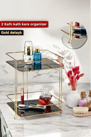 Morponi İki Katlı Kare Banyo Kozmetik Takı Düzenleyici Çok Amaçlı Organizer Gold Gold