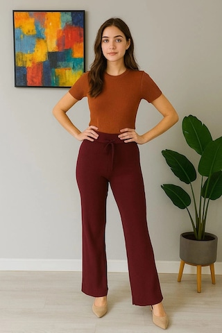 Kadın Yüksek Bel Triko Pantolon Bordo