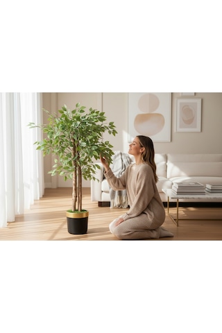 Yapay Salon Çiçegi Yapay Ağaç 130 Cm 2 Gövdeli Siyah Gold Saksı Yeşil