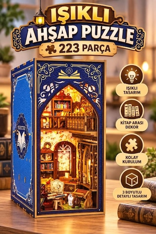 Işıklı Ahşap 3 Boyutlu Puzzle Kitap Arası Dekor 223 Parça Kütüphane Tasarımlı Dekoratif Puzzle