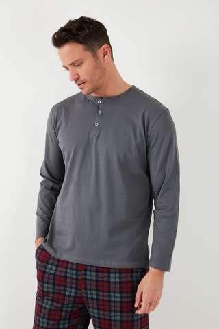 Buratti Ekoseli Pamuklu Beli Lastikli Regular Fit Uzun Kollu Erkek Pijama Takımı 6572003 Füme