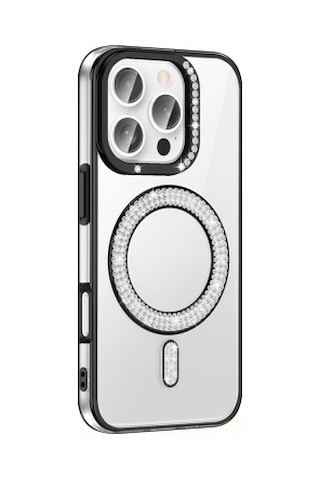 Lexroo Apple iPhone Uyumlu 16 Pro Pırlanta Taş Tasarımlı Mag Safe Şarj Özellikli Karetta Silikon Kılıf - Siyah