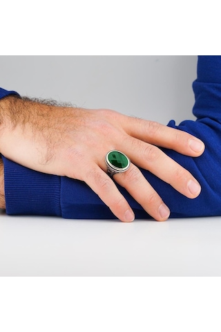 925 Ayar Gümüş Yeşil Oval Zirkon Taşlı Erkek Yüzük Gümüş