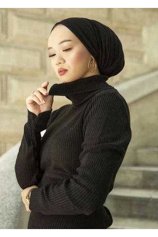 Kadın Boğazlı Uzun Fitilli Triko Dokuma Elbise - Siyah Siyah