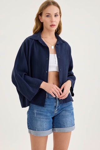 Vitrin Düşük Omuz Oversize Crop Gömlek Lacivert