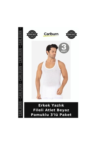 Carlburn Premium Erkek Yazlık Fileli Atlet Beyaz Pamuklu 3'lü Paket Regular Kalıp Günlük Giyim Erkekler İçin