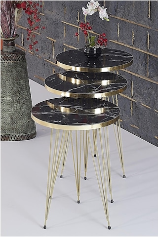 Zigon Sehpa Takımı Yuvarlak Siyah Mermer Desenli Gold Tel Ayak