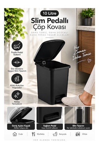 Slim Pedallı Banyo Mutfak Çöp Kovası 10 Litre Ergonomik Tasarım Plastik Malzeme İle Kullanışlı Siyah