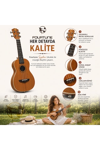 Fourtune Sydra Uks-23m Concert Ukulele Maun Ağacı Profesyonel Ukulele Seti