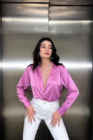 Pembe Saten Gömlek Karışık Çok Renkli