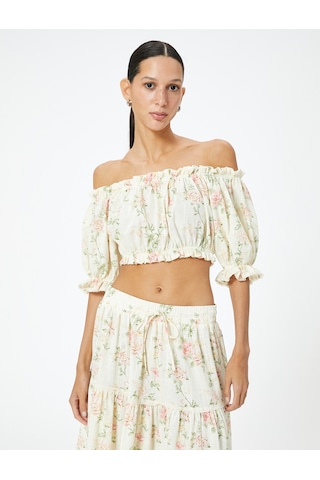 Koton Crop Straplez Atlet Çiçekli Fırfırlı Pamuklu Slim Fit Pembe Desenli 4sak30062ew Pembe