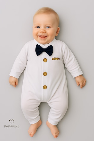 Babyden's Mini Boss Papyonlu Erkek Bebek Tulum Düğmeli Tasarım, Uzun Kollu Yenidoğan Tulumu Lacivert