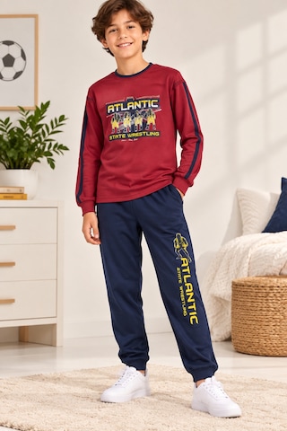 Uğur Bebe Çocuk Bordo Pijama Takımı %100 Pamuk Uzun Kollu Bisiklet Yaka Baskılı Lacivert Alt Rahat Ve Şık Pijama Takımı Bordo Bordo