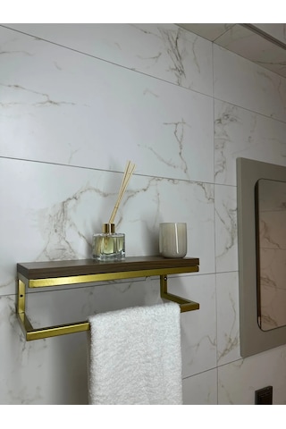 lyla concept Fulya Banyo Ahşap Raflı Gold Metal Havlu, Şal Askılık Ceviz Raf Gold