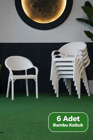 Alezy Bambu Rattan Kollu Koltuk 6 Adet Beyaz