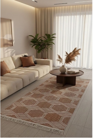 Kiremit Modern Desenli Kilim - Makinede Yıkanabilir Renkli