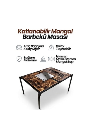 Taşınabilir Kamp Masası - Katlanır Ahşap Piknik Masası, Çıkarılabilir Mangal Izgara Kamp Ve Piknik Siyah