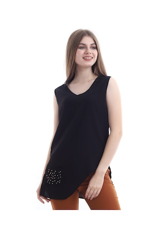 Self Clothing Kadın Siyah V Yaka Cep Ve Yırtmaç Detaylı Bluz Slf1246-Siyah
