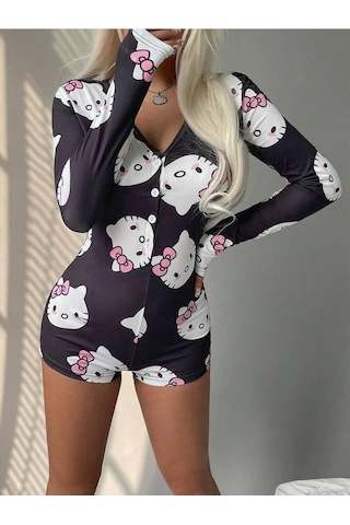 Avastyle Pamuklu Siyah Hello Kitty Desenli Düğmeli Uzun Kol Tulum Pijama Ava Çok Renkli