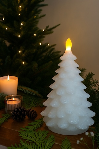 Yılbaşı Dekor Led Mum Parıltılı Wax Mum Led Işıklı Ev Ofis Otel Restoran Dekoratif Yılbaşı Süsü 22cm Beyaz