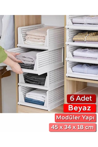 6 Adet Raylı Elbise Organizeri - Mutfak Banyo Düzenleme Depolama Üst Üste Dizilebilir Beyaz