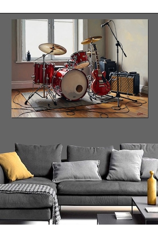 Kırmızı Bateri Seti Ve Müzik Dekoratif Kanvas - Mdf Ahşap Tablo