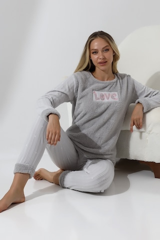 Wordex Fawn 5019 Peluş Welsoft Polar Kışlık Yumoş Kadın Pijama Takımı Love Açık Gri