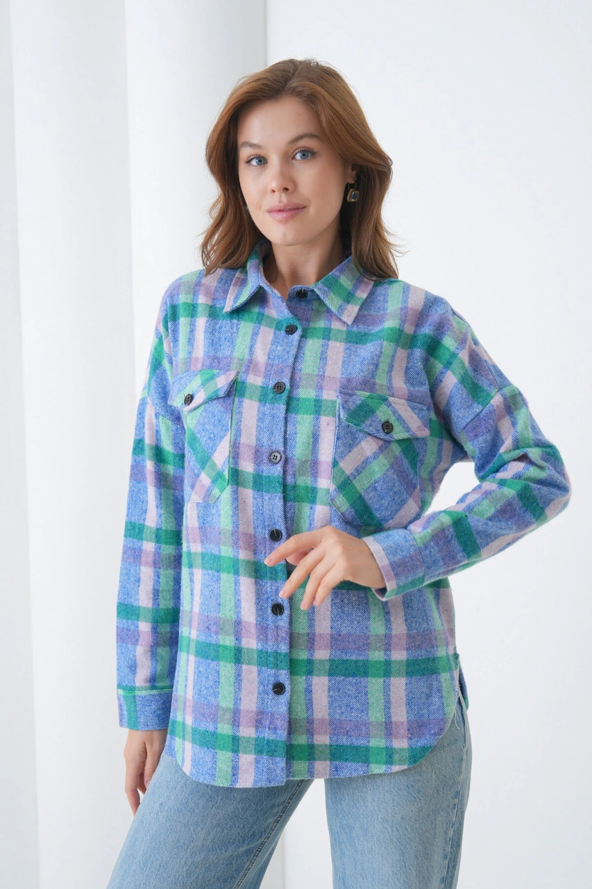 Kadın Desen Bloklu Oduncu Oversize Bol Ve Geniş Kalıp Casual Cepli Yakalı Ceket Gömlek Mor