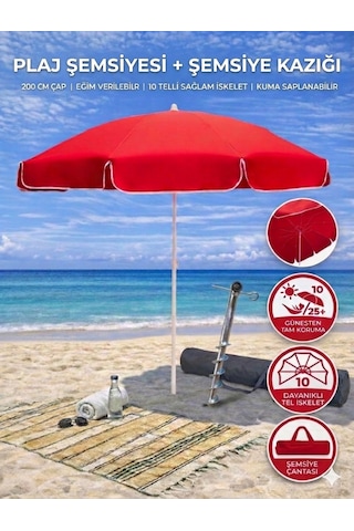 Form Outdoor Plaj Şemsiyesi + Şemsiye Kazığı + Taşıma Çantası Hediyeli Kırmızı