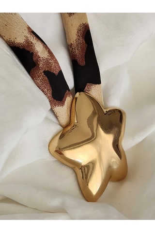 Leopar Desen Bombeli Büyük Yıldız Model Kumaş Detaylı Kolye 46cm Kahverengi - Siyah