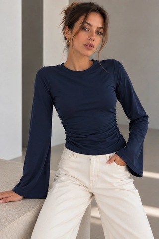 Bb Butik Basic Yan Büzgülü İspanyol Kol Basic Kadın Bluz My3535 Lacivert