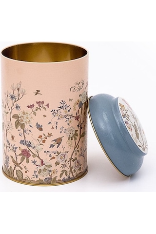 Flora Pink Desenli Yuvarlak Metal Saklama Kabı, 10,5 X 15 Cm, 1,1 Lt Desenli
