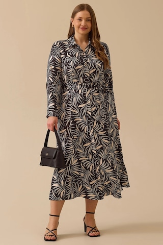 Galaxi Kadın Büyük Beden Desenli Kuşaklı Saten Elbise 4016 Siyah Siyah