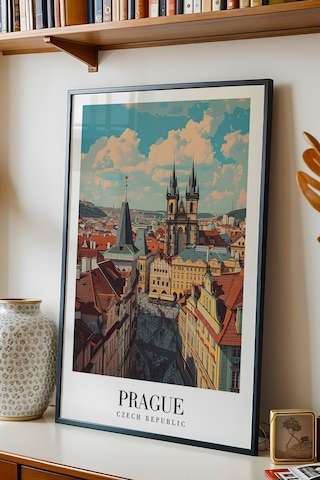 Prague Czech Republic Vintage Seyahat Posteri Çerçeveli Tablo - Premium Prag Elit Duvar Dekoru Siyah