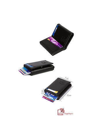 Adelina Bags Deri Mekanizmalı Otomatik Kızaklı Erkek Kartlık Cüzdan Siyah