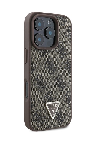 Apple Uyumlu iPhone 16 Pro Kılıf Guess Lisanslı Pu Deri Taşlı Üçgen Logo 4g Desenli Strass Kapak Kahverengi