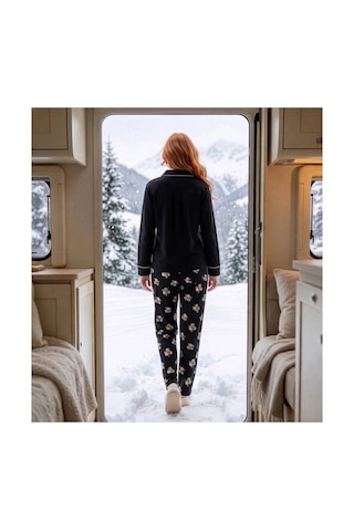 Pijamoni Kadın Waffle Kumaş Göğüs Cepli Uzun Kollu Pijama Takımı Siyah