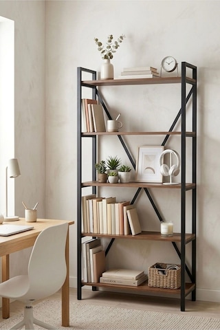 180x90 Metal Kitaplık- 5 Raflı Ekonomik Modern Ev Ofis Kitaplığı Siyah