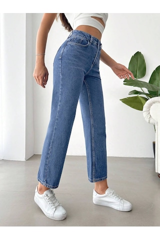 Yüksek Bel Koyu Yıkamalı Kadın Denim Pantolon Mavi